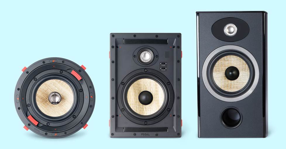 Showing the drivers on a Focal 300 ICW 6 in-ceiling speaker, Focal 300 IW 6 In-wall speaker, and Focal Aria 906 Standmount speakers
