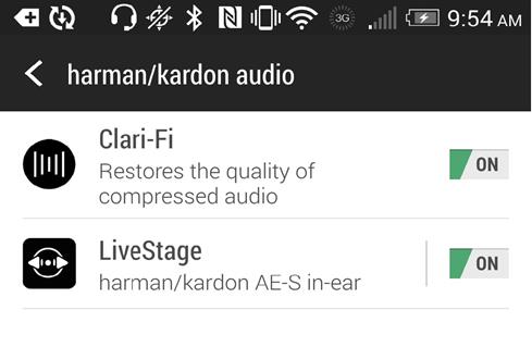 Screenshot of the Harman/Kardon screen in the settings menu of the HTC One (M8)