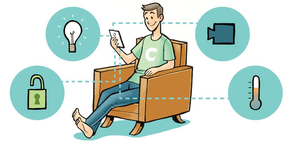 Illustration of man using his home automation system from the comfort of his chair.