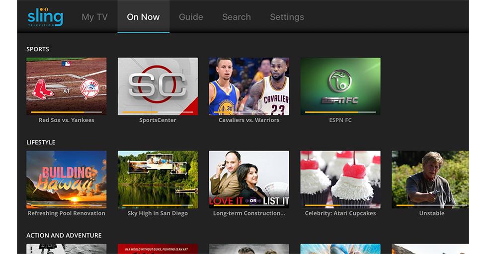 SlingTV "On Now" menu