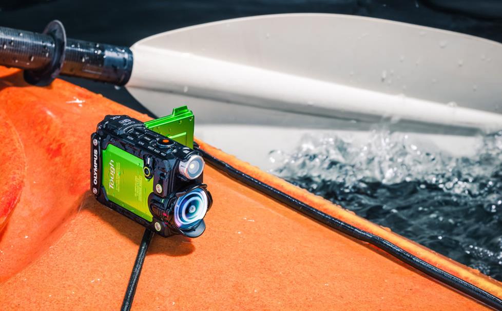 Olympus TG Tracker mounted on a kayak