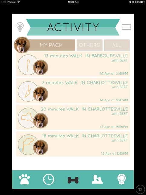 Fitness app displaying recorded walks.