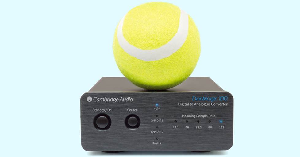 Cambridge Audio DacMagic 100 with a tennis ball for scale.