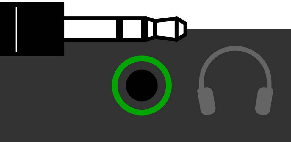 Illustration of a TRS plug and the symbol that typically appears beside it.