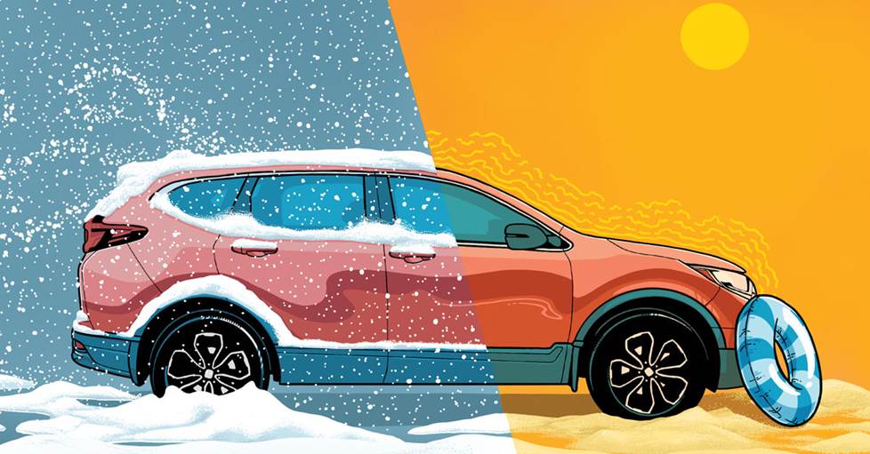 An illustration of a car with half the car covered in snow, the other half backing un the summer sun