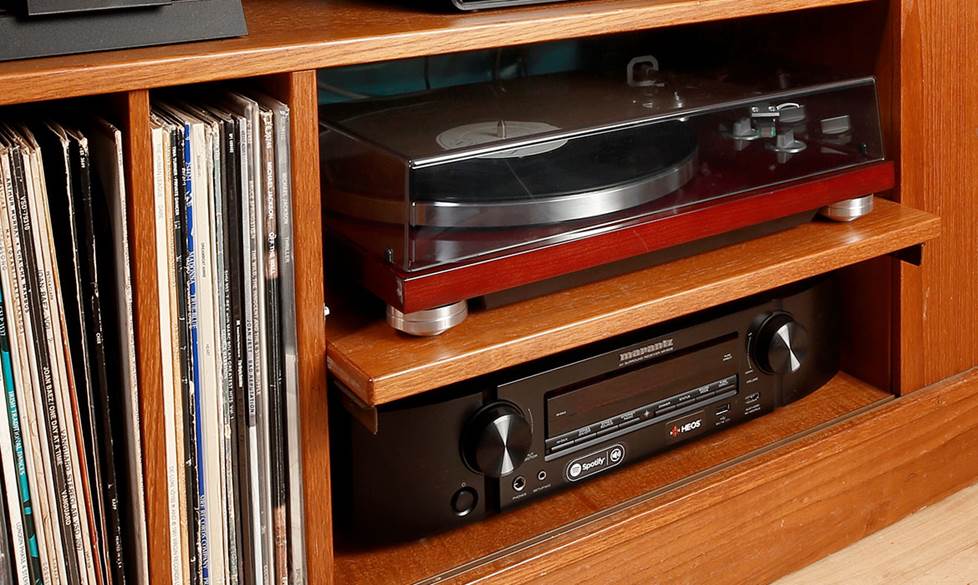 Wood cabinet with turntable and home theater receiver