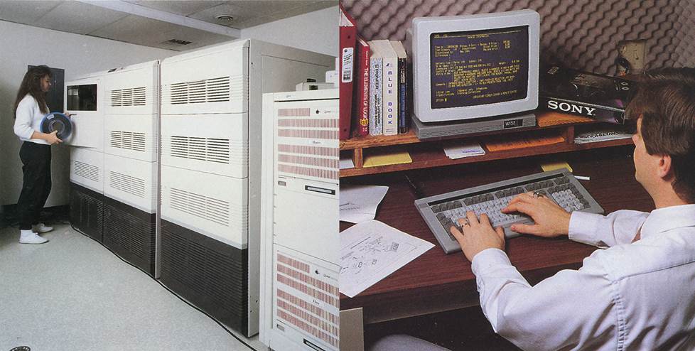 woman working on a mainframe cimputer and man working on a terminal at his desk