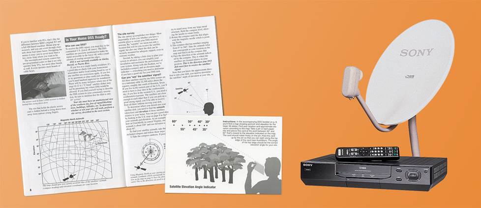 pages from instruction booklet and cutout photo of satellite dish