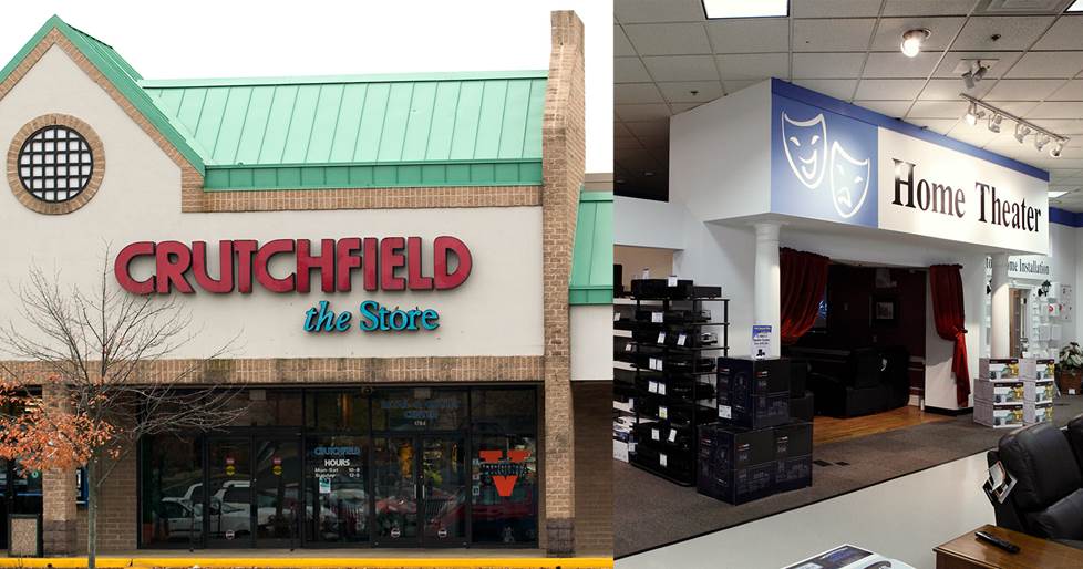 outside of retail store on the left. Inside the home theater section on the right.
