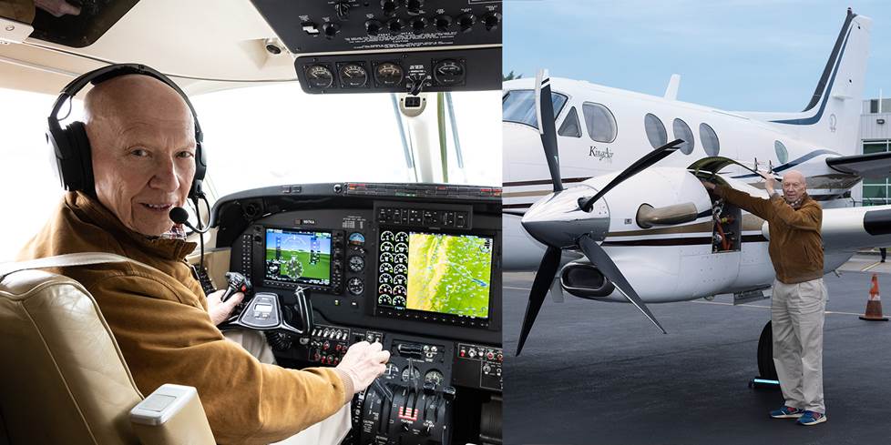 Bill Crutchfield in the cockpit of his airplane on the left. Outside doing a preflight check on the right.