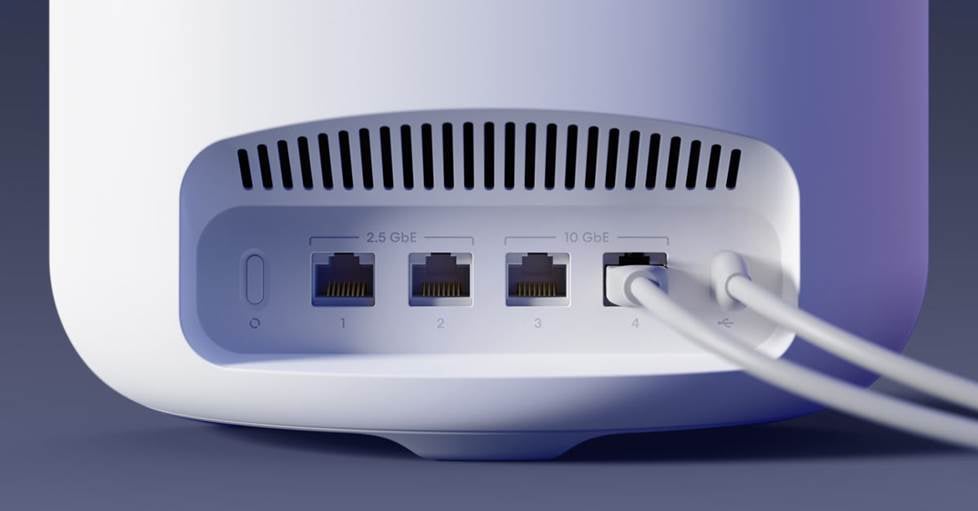 Photo showing the four Ethernet ports for WAN and/or LAN connectivity on the back of the eero Max 7