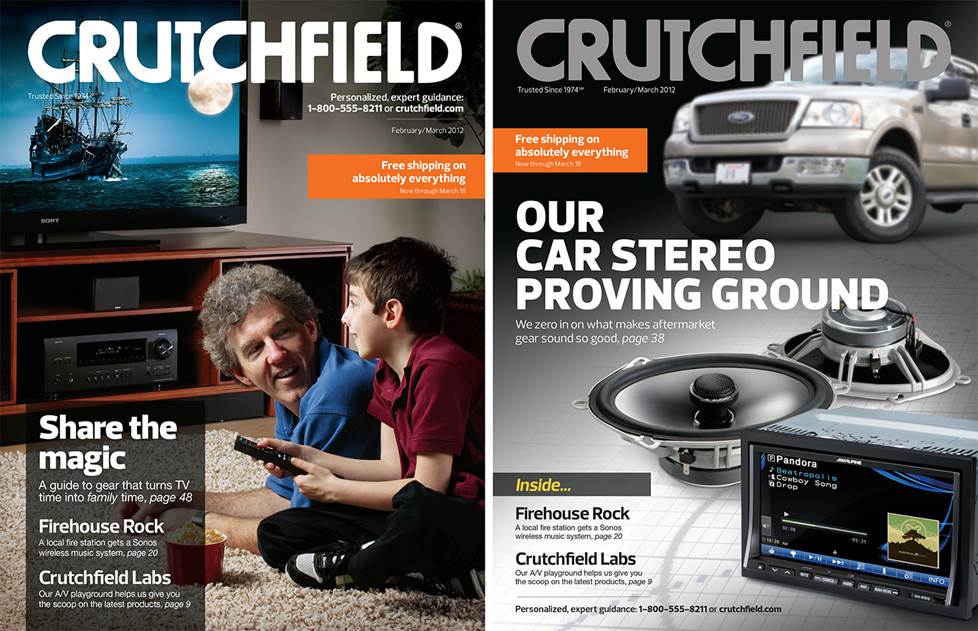 Two images of Crutchfield covers side by side, one with a man and a child watching a tv and the other with car speakers and a stereo.