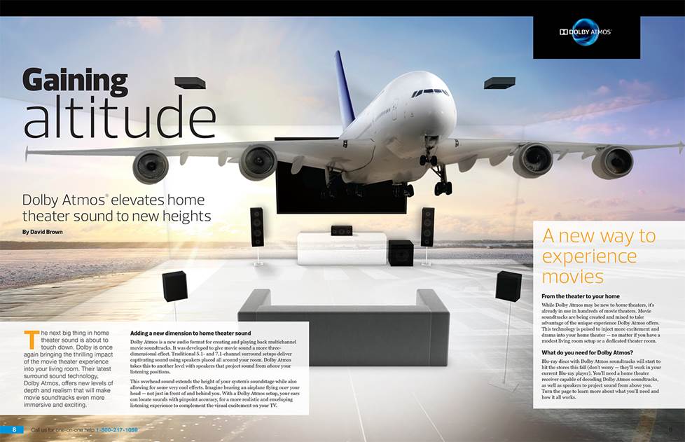 Catalog spread about Dolby Atmos, showing an airplane over a home theater setup.