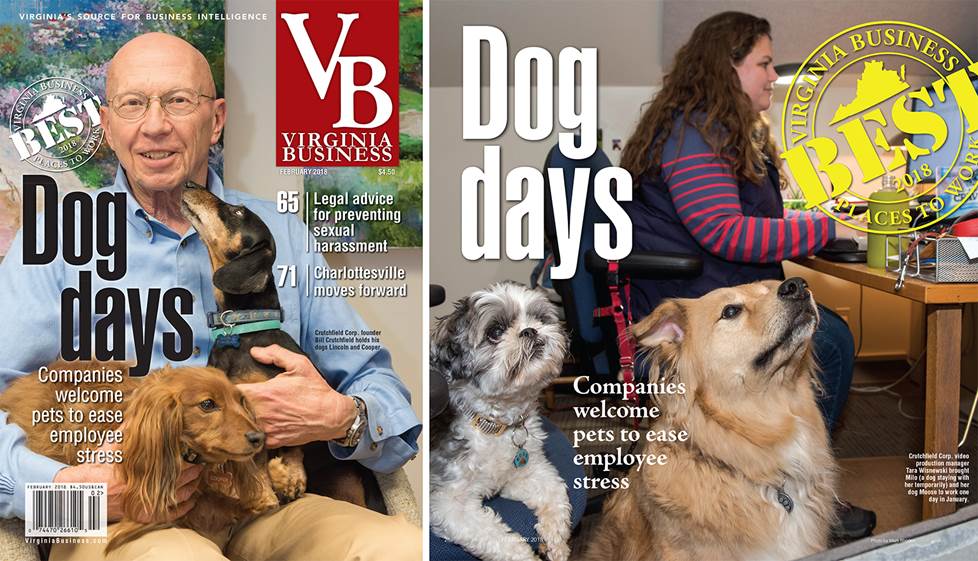 A magazine cover with Bill Crutchfield and his two dogs next to a page from the magazine with a woman sitting at her desk and two dogs.