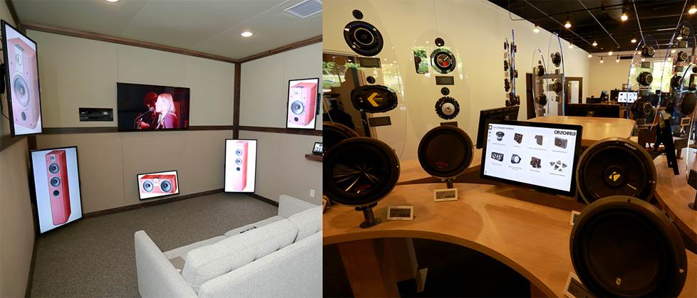 A composite image of the Crutchfield retail store's listening room and intelligent fixtures.
