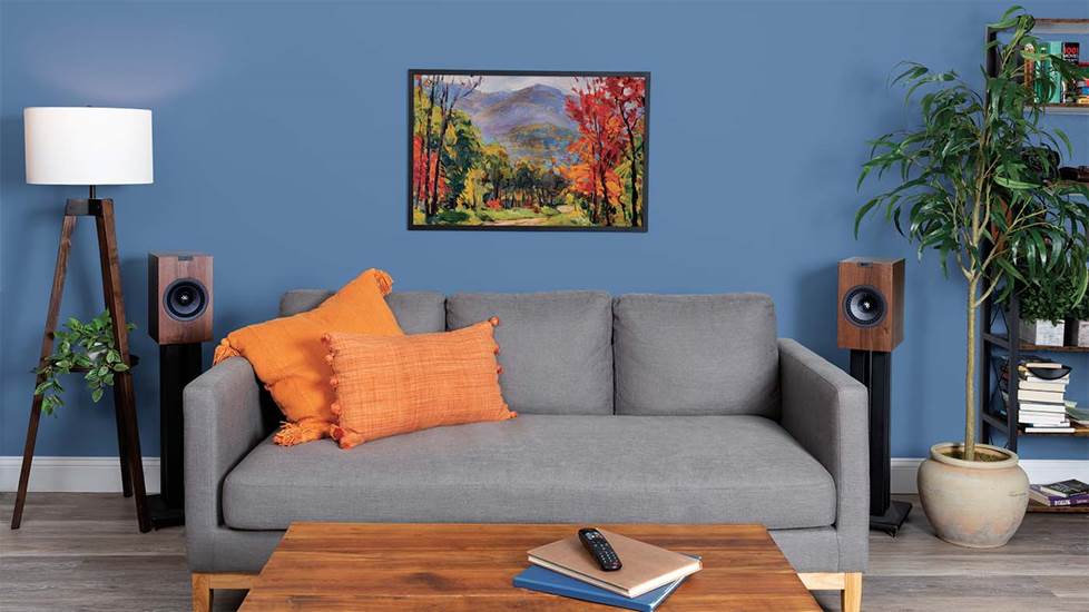 Bookshelf speakers shown as rear surround sound speakers.