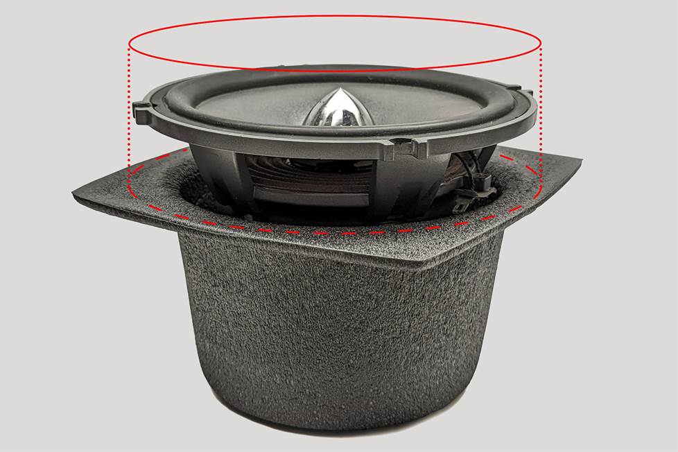 illustration showing how a car speaker fits inside of a foam baffle