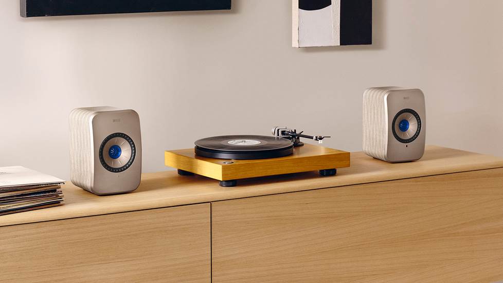A pair of powered speakers and a turntable