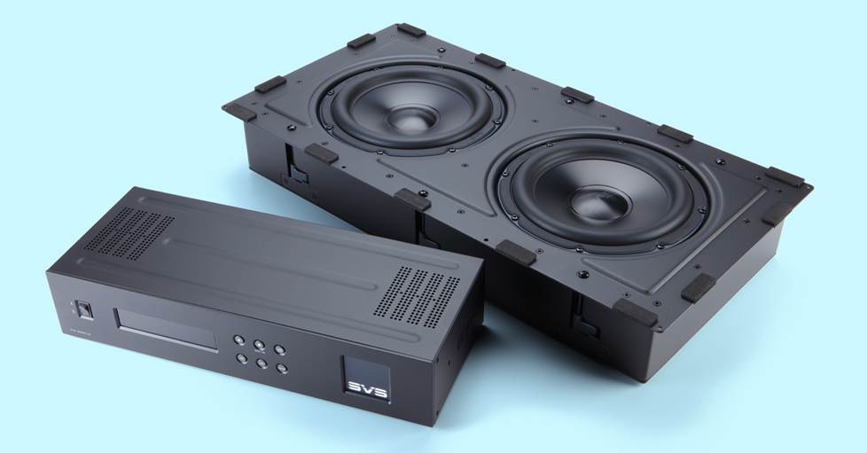An in-wall subwoofer and amplifier on a blue background.