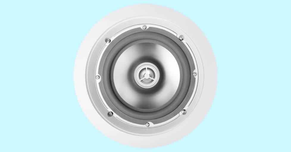 A moisture-resistant in-ceiling speaker on a blue background.