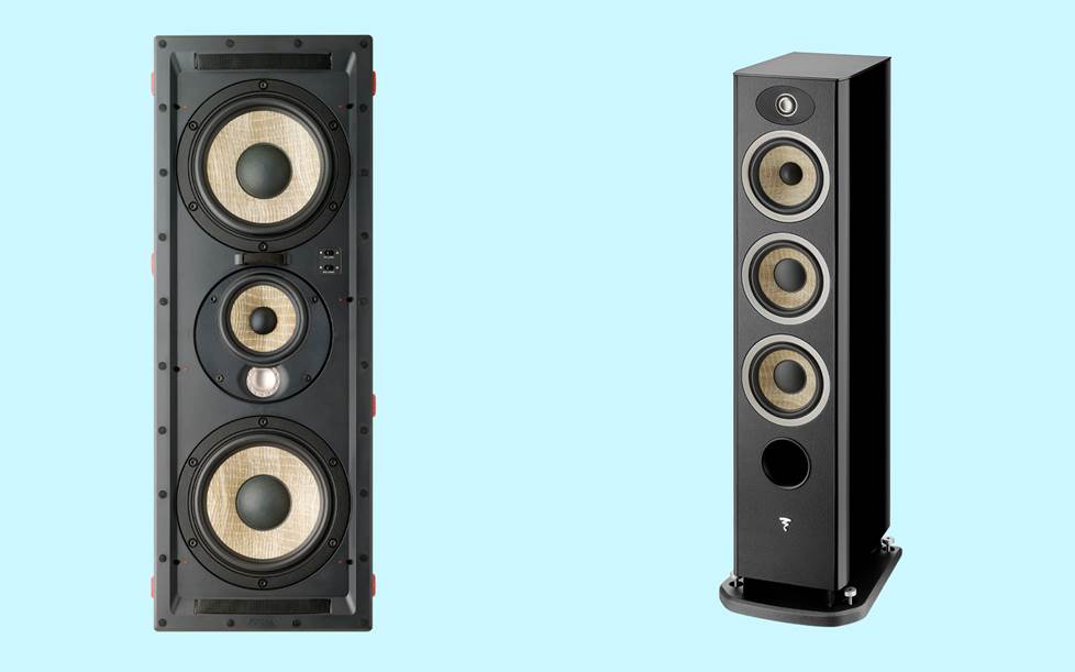 Two speakers side by side on a blue background.