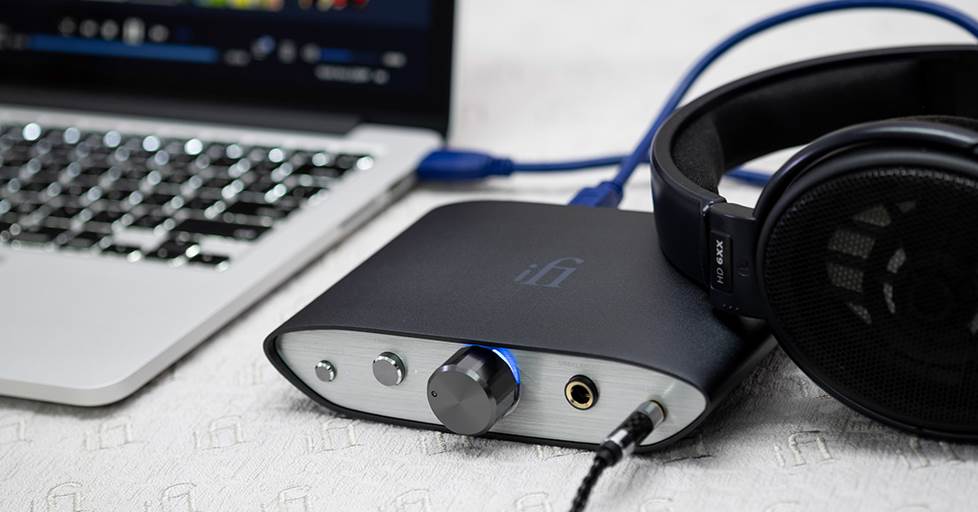 iFi ZEN DAC V2 with headphones and a laptop