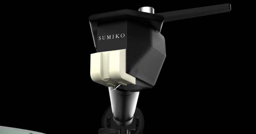 A white Sumiko RS Rainier stylus on a black turntable cartridge.