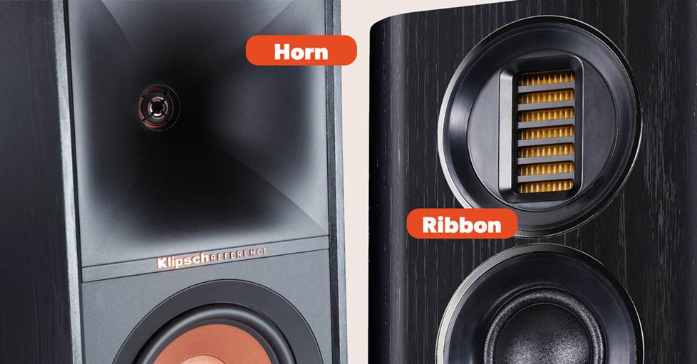 close up example of a horn tweeter versus a ribbon tweeter