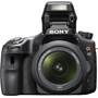 Sony Alpha SLT-A65VM 7.5X Zoom Kit Front, straight-on, with flash deployed