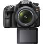 Sony Alpha SLT-A65VM 7.5X Zoom Kit Front, straight-on, LCD rotated toward front