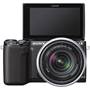 Sony Alpha NEX-5R with 3X Zoom Lens Front, straight-on, LCD rotated toward front