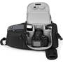 Lowepro Slingshot 102 AW shown with DSLR, lens and flash (not included) in quick-draw position