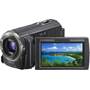 Sony HDR-PJ580V Front, 3/4 view, touchscreen display showing