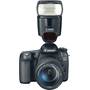 Canon EOS 70D Telephoto Lens Kit Front, higher angle, with external flash unit (not included)