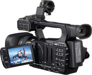 The Canon XF100, with the LCD display deployed