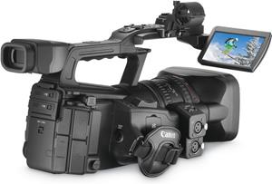 The Canon XF300, with the LCD display deployed