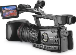 The Canon XF305, with the LCD display deployed