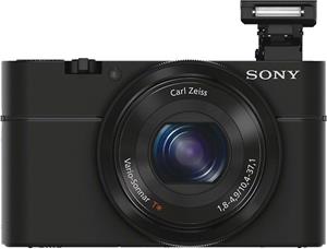 Sony Cyber-shot® DSC-RX100 compact camera with its on-board flash deployed