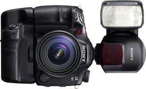 The Sony Alpha SLT-A99V, shown with available grip and external flash unit (not included)