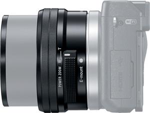 The Sony Alpha SEL-P1650 lens, shown fully extended on an NEX camera body for scale