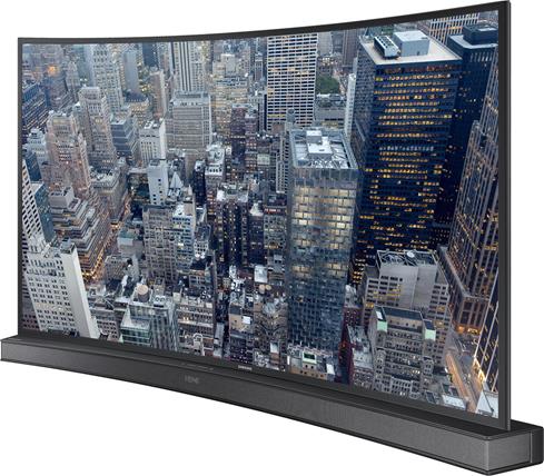 The Samsung HW-J6000 matches the shape of Samsung's 48" and 55" curved-screen Ultra HD TVs.