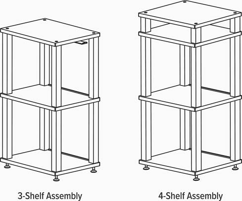 Diagram of three- and four-shelf options for Andover Audio SpinStand Record Stand