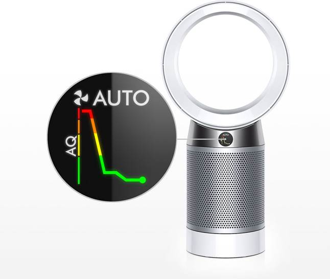 Dyson Pure Cool DP04 Desk Fan shows air quality in real time on LCD screen.