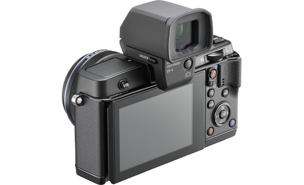 Olympus PEN E-P5 17mm Lens and Viewfinder Bundle Back, 3/4 view, from left, with included viewfinder