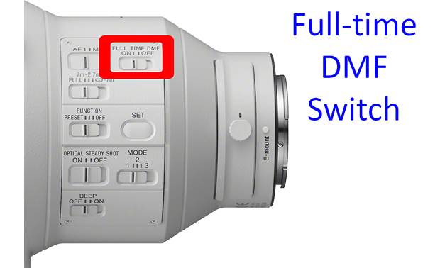 Sony FE 400mm f/2.8 GM OSS Full-time DMF switch lets you engage manual focus by rotating the focus ring