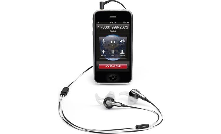 Bose® MIE2 mobile headset Connected to an iPhone® (detail for angled 3.5mm plug)