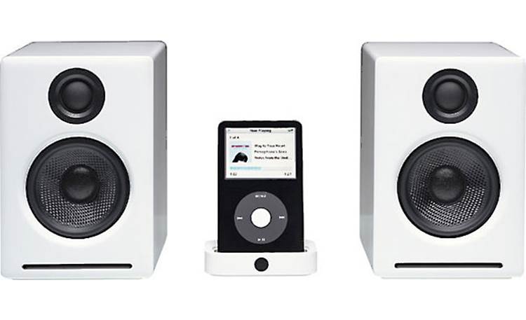 Audioengine A2 White, shown with iPod and dock (not included)