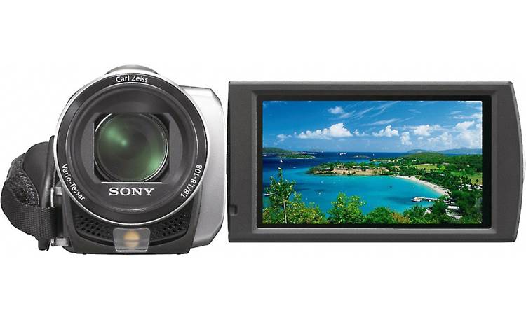 Sony Handycam® DCR-SX65 Front lens view with LCD flipped out (Silver)