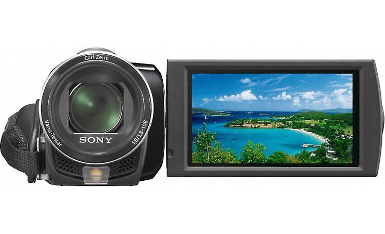 Sony Handycam® DCR-SX65 Front lens view with LCD flipped out (Black)