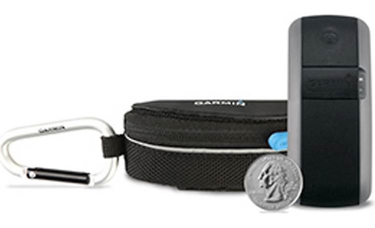 Garmin GTU™ 10 Tracker, carrying case, and carabiner clip (quarter shown for size reference)